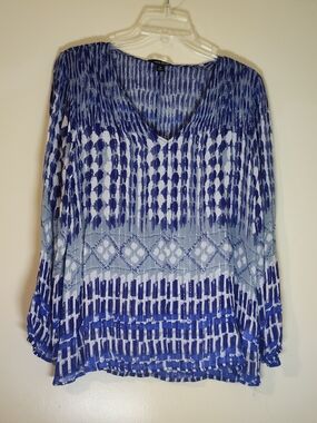Lucky Brand Blue Patterned V-Neck Peasant Blouse